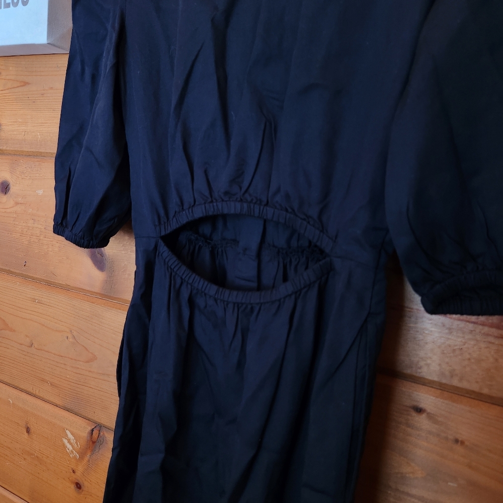 The Drop NWT Ellen Black Midi Puff Sleeve Shirt Dress Open Back Pockets Size XXS - Picture 10 of 10